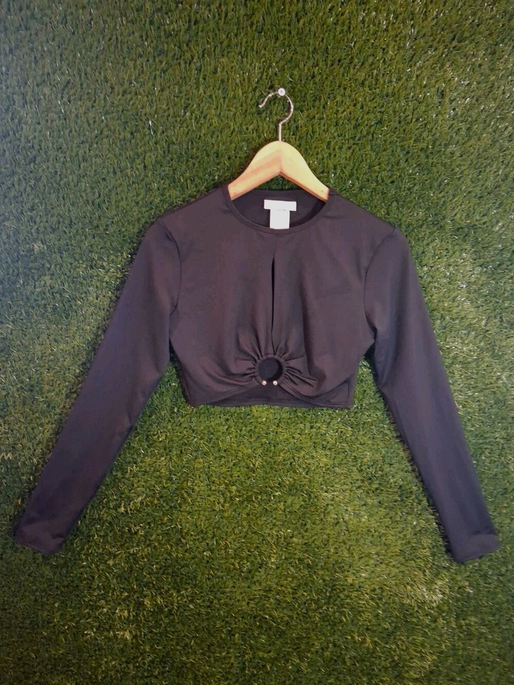 Michael Kors Black Long Sleeve Crop Top with Gold Ring Detail - Size S/P